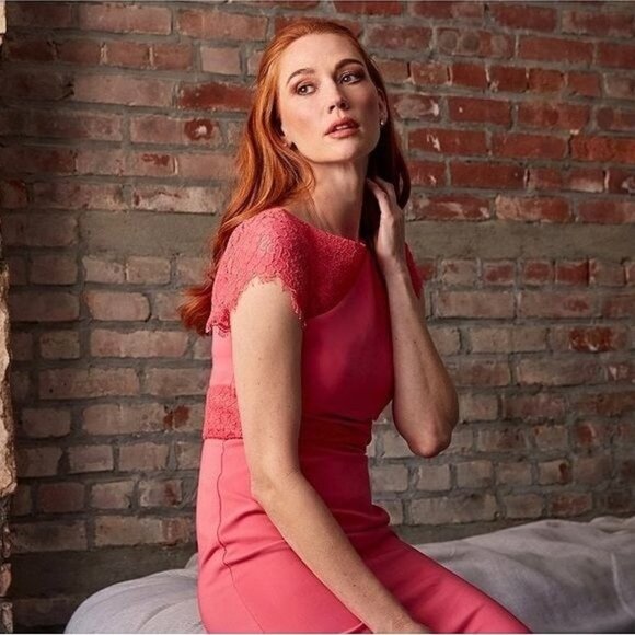 New JS Collections Illusion Boat Neck Lace Insert Short Sleeve Sheath Dress 4 - Picture 3 of 13